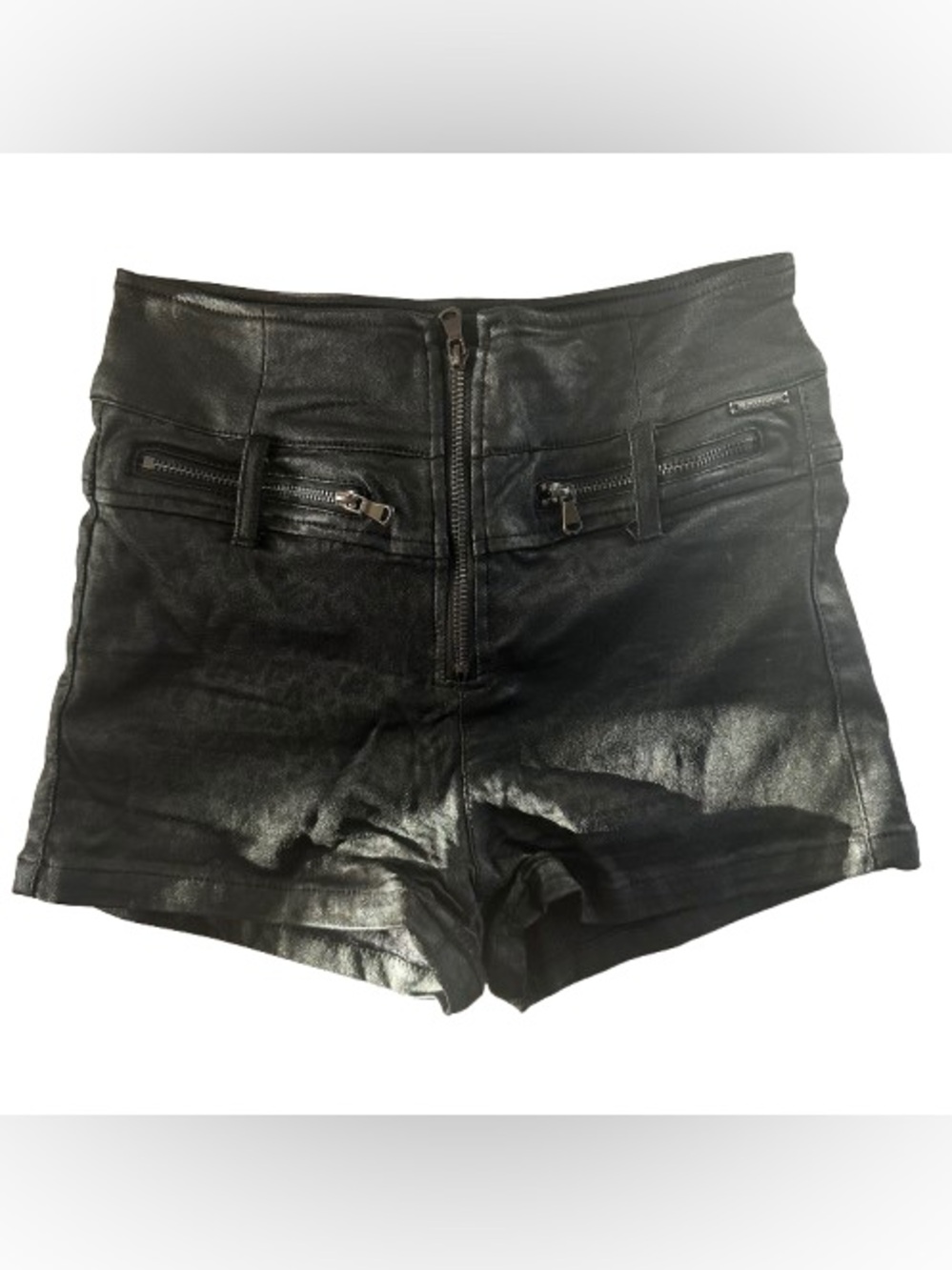 High-Waist Black Faux Leather Women’s Shorts with Zip Detail